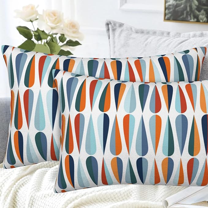 Mid-Century Drop Shapes Throw Pillow Cover Case Modern Retro Style Throw Pillows Set of 2 Super Soft Pillow Covers 20x12 Inches Farmhouse Home Decor for Living Room Bedroom Sofa Couch Cushion Cover