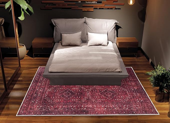 Bloom Rugs Washable Non-Slip 10x14 Rug - Dark Red Traditional Bordered Area Rug for Living Room, Bedroom, Dining Room, and Kitchen - Exact Size: 10' x 14'