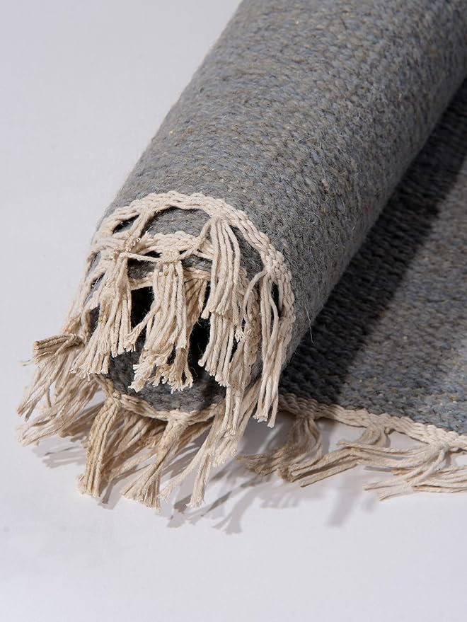 Rugsotic Carpets Hand Woven Flat Weave Kilim Wool ECO-Friendly Area Rugs - 6'x9', Rectangle Shape, Silver Color, Solid Plain Design, Low Pile Handmade Rugs for Living Room, Bed Room (D00111)