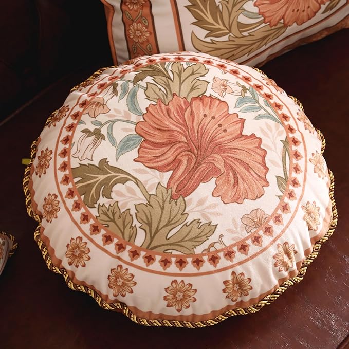 Vintage Round Throw Pillow Covers,Orange Floral with Wild Flowers Pattern Cozy Velvet Pillowcases,Decoration Pillows Cushion Covers for Couch Sofa Bed Car Chair Thanksgiving,Diameter 16"