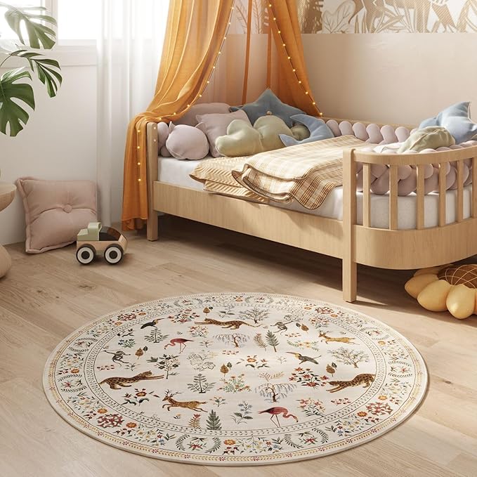 Rugcomf Round Rug 6ft Washable Circle Rug Non Slip Low Pile Boho Floral Animal Small Circular Rug for Bedroom, Bathroom, Entryway, Kids Room, Office, College Dorm (Beige)