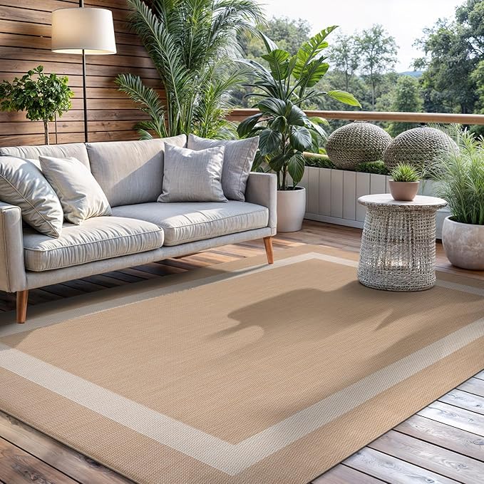 CAMILSON Outdoor Rug 5x7, Modern Outside Rugs for Patios Porches Waterproof Durable Washable Non-Shedding, Easy-to-Clean Indoor Outdoor Area Carpet (5 x 7, Bordered - Beige/White)