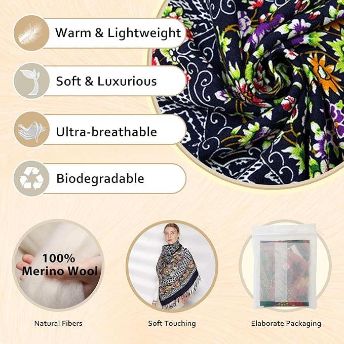 DANA XU 100% Merino Wool Pashmina Shawl for Women 96"x43", Oversized Cashmere Wrap with Tassels, Floral Travel Blanket Cape