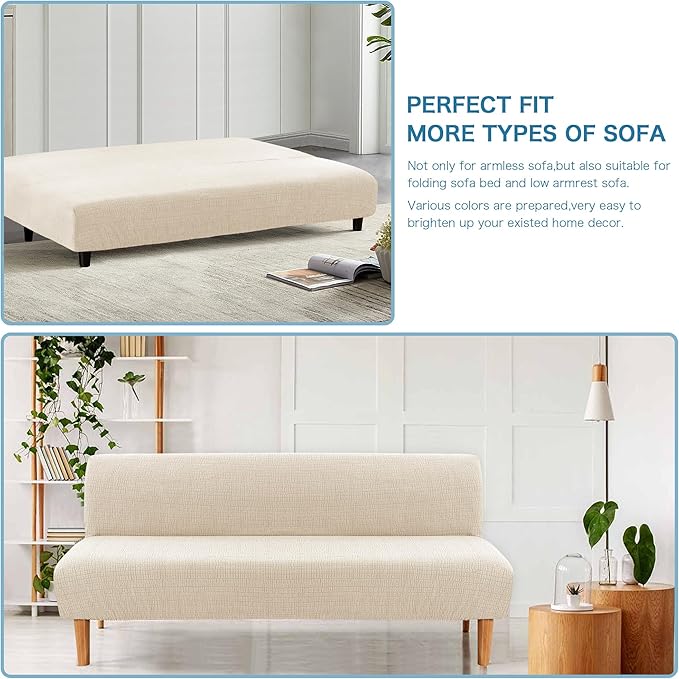H.VERSAILTEX 100% Waterproof Futon Covers, Leakproof Armless Sofa Covers, Stretch Jacquard Sofa Bed Cover, Washable Futon Slipcover Furniture Protector for Kids, Pets, Dog and Cat, Ivory