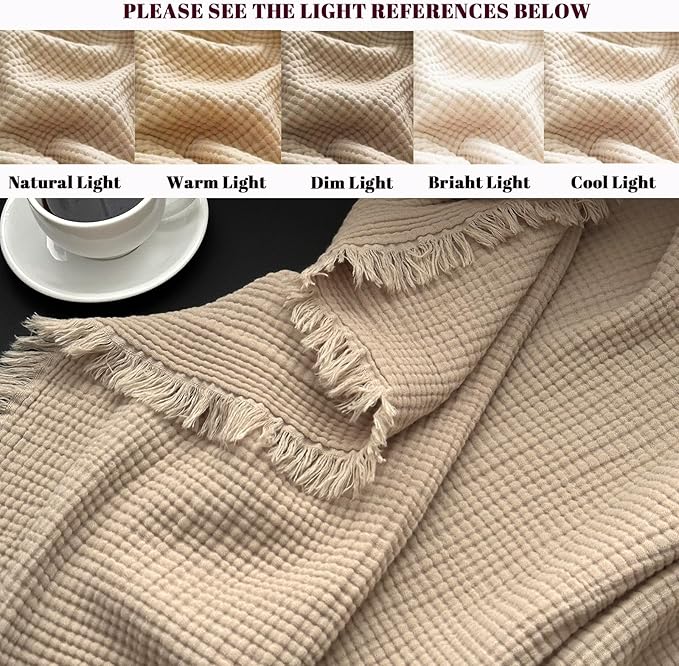 MorroMorn 100% Cotton Muslin Throw Blanket with Fringes 50"x60", 4-Layer Gauze Blankets for Adults, Boho Bedding Breathable Lightweight Ultra-Soft Farmhouse Decor for Couch Bed All Seasons, Khaki