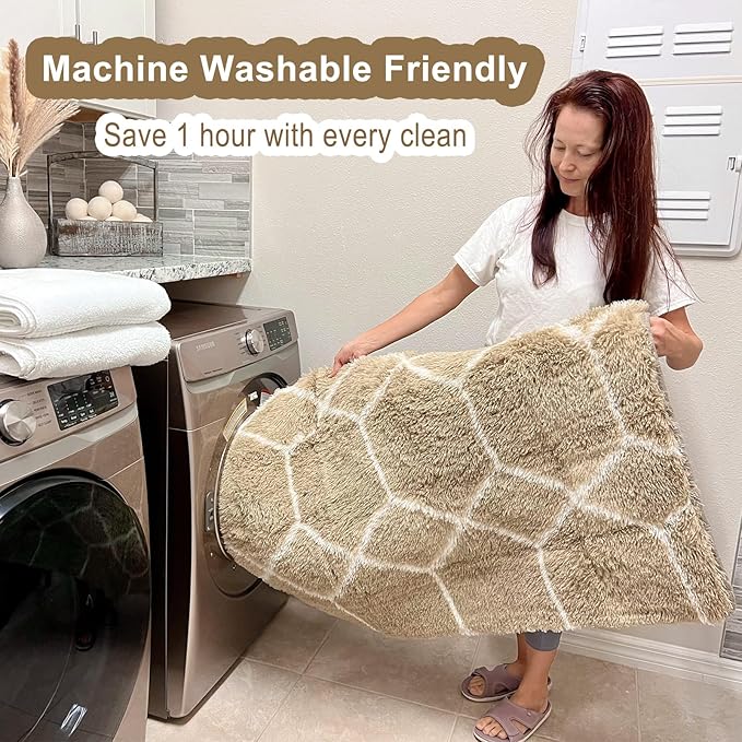 ONASAR Rugs for Living Room Bedroom, 5x8 Washable Fluffy Beige and White Area Rug, Geometric Boho Soft Plush Shaggy Fuzzy Floor Carpet for Nursery Kids Girls Boys Teen Dorm Home Decor Aesthetic