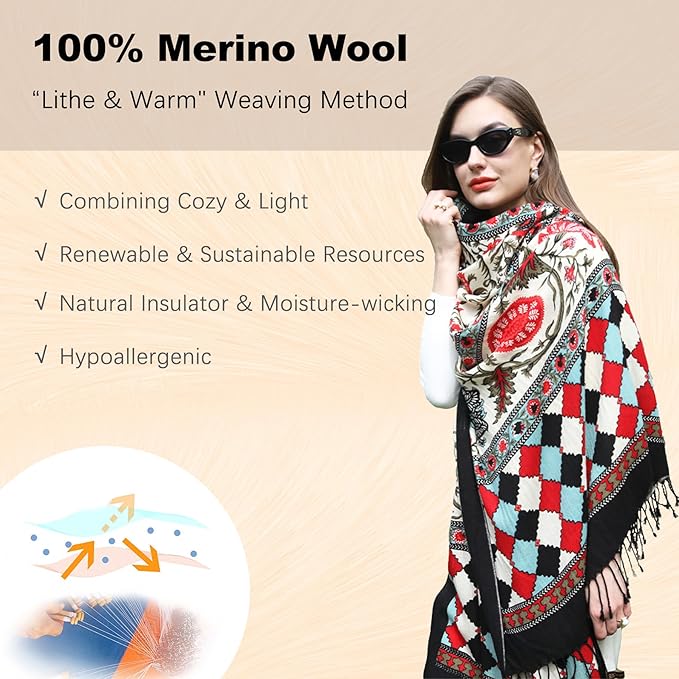 DANA XU 100% Merino Wool Pashmina Shawl for Women 96"x43", Oversized Cashmere Wrap with Tassels, Floral Travel Blanket Cape
