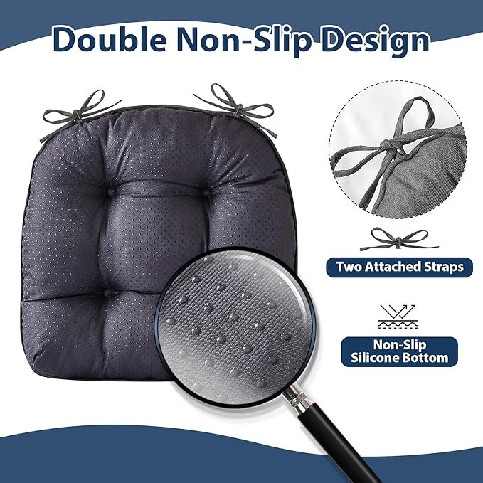 Chair Cushions for Dining Chairs, Seat Cushions for Kitchen Chairs, Indoor Seat Cushions with Ties, Tufted Foam Chair Pads, Non Slip Chair Cushions Set of 6, 15.5" x 15.5" x 4", Dark Grey
