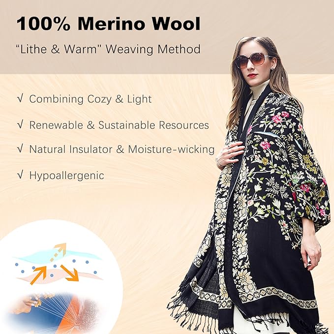 DANA XU 100% Merino Wool Extra Large Pashmina Blanket Travel Scarf Cashmere Wrap for Women Fall Winter Oversize Shawl Floral