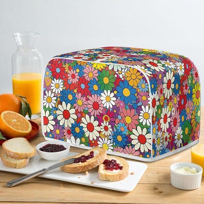 Daisy Flowers Printed Toaster Cover 4 Slice Wide Slot, Washable Kitchen Appliance Small Oven Bakeware Protector, Bread Maker Cover Dust and Fingerprint Protection