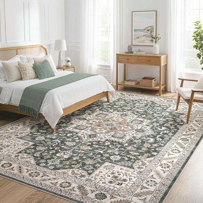 Vintage Living Room Area Rug 9x12 - Large Soft Washable Oriental Traditional Distressed Farmhouse Rugs for Bedroom - Indoor Floor Accent Carpet for Home Office House Decor - Vintage Green