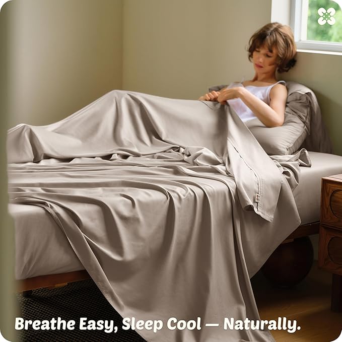 Bedsure Cooling Sheets, Rayon Derived from Bamboo & Cotton Blend, GentleSoft, Breathable, Queen Sheet Set, Deep Pocket Up to 18 Inches, Hotel Luxury Bedding for Hot Sleepers, Simply Taupe