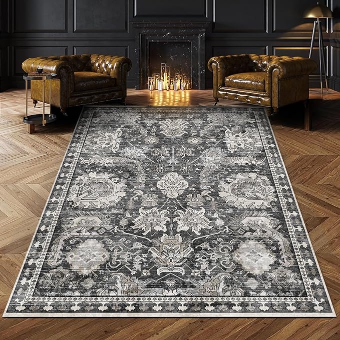 RUGSURE Washable Area Rugs - Perfect for Living Room, Bedroom, Kids Room, Nursery - Stain & Water Resistant Non-Slip, Pet & Child Friendly, Vintage Tribal Area Rugs (Grey, 8' x 10')