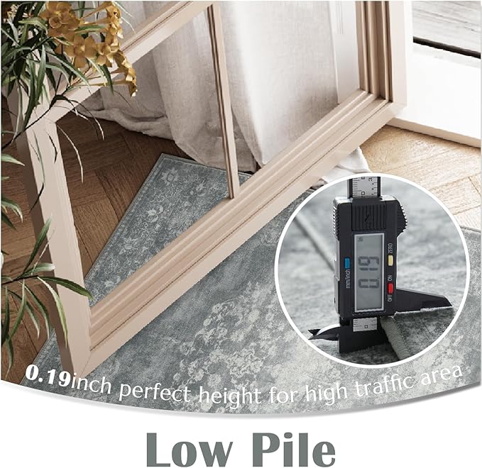 jinchan Washable Area Rug 6x9 for Living Room - Soft Faux Wool Ultra-Thin Stain Resistant Non-Slip Distressed Vintage Floral Rug Large Carpet for Bedroom Dining Room Home Office Nursery(Grey, 6'x9')