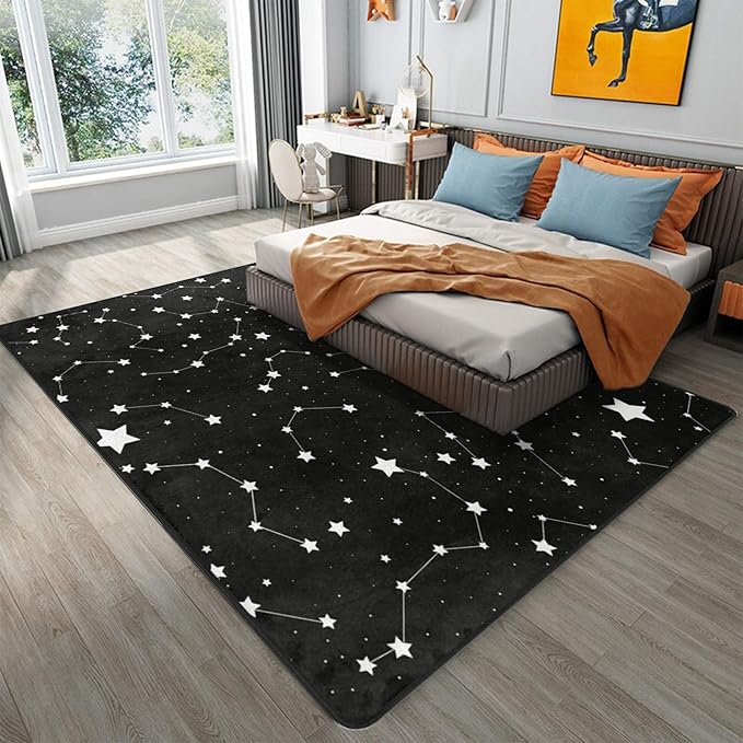 9CH Magic Constellation Area Rug 5'x7' - Black White Star Space Rugs Non-Slip Star Sky Carpet Mat for Bedroom Dinning Dorm Living Room Home Decorative