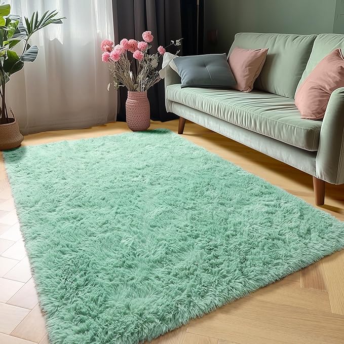 ONASAR Sage Green Area Rugs for Bedroom Living Room, 4x6 Fluffy Cute Indoor Bedside Floor Rug, Washable Ultra Soft Plush Fuzzy Shaggy Carpets for Nursery Kids Girls Boys Teen Dorm Playroom Home Decor