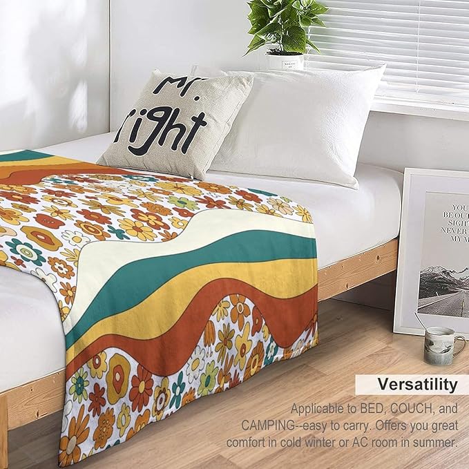 70s Retro Floral Throw Blanket, Boho Groovy Wavy Geometric Hippie Cute Flowers Yellow Orange Abstract Print Blanket for Holiday Theme Home Decor Bedding Couch and Gift 40"x50"