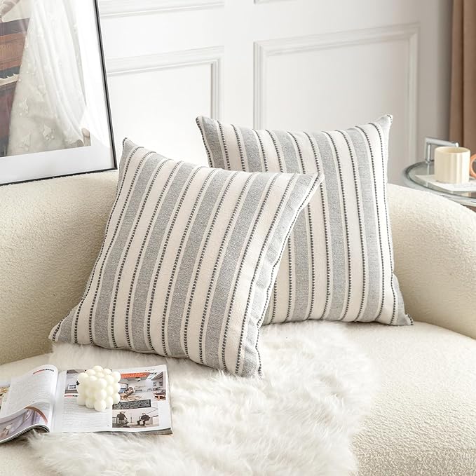 Decorative Boho Throw Pillow Covers, Farmhouse Textured Pillow Case, 22 x 22 Inch Set of 2, Chair Sofa Bedroom Living Room Home Decor Couch Cushion Case, Grey and Beige Striped