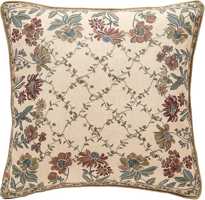 patdrea Designer Throw Pillow Covers,Square Euro Retro Style Light Brown Linen with Floral Pattern Pillow Cover,Decorative Pillowcases Cushion for Bed Living Room Outdoor Car,18"x18"
