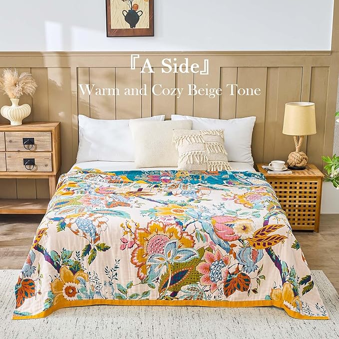 Farmhouse Throw Blanket, 60"x 80" Boho Throw Blankets for Couch Cover, 100% Cotton Bohemian Vintage Quilt for All Seasons Reversible Florals Lightweight Picnic Blankets Home Decoration