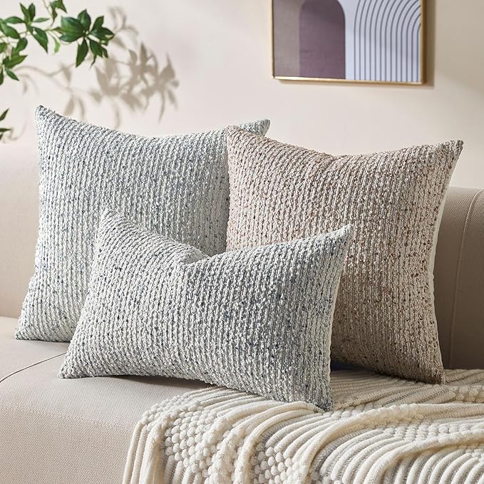 Decorative Couch Throw Pillow Covers 20x20 Set of 2 Blue Striped Soft Wool Pillow Covers Neutral Textured Boho Cushion Covers for Modern Farmhouse Sofa Bedroom Living Room Decor SY012-C20