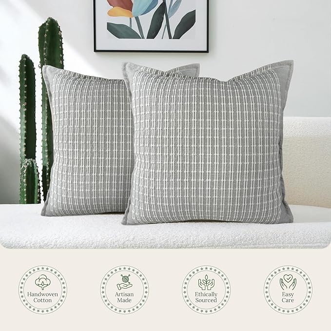 SanVia Serene Premium Cotton Throw Pillow Covers, 20 x 20 Inches, Luxurious Handwoven Couch Pillow Covers with Hidden Zipper, Elegant Home Décor, Insert Not Included