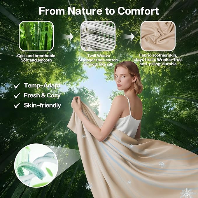 MR&HM King Fitted Sheet Only, Ultra-Soft Rayon Derived from Bamboo & Polyester Blend, Silky & Breathable, 15" Deep Pocket with Elastic Straps, Cooling Fitted Sheet for Hot Sleepers, Beige