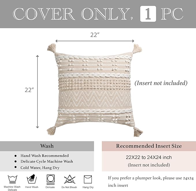 BlissBlush Boho Throw Pillow Cover 22X22, Large Decorative Accent Pillow for Couch, Square Woven Textured Pillowcase, Modern Boho Pillow for Bed, Bohemian Pillow Cover, Cream White (Pack of 1)