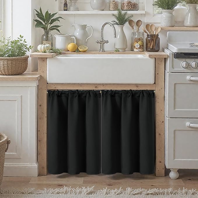 BGment Black Cafe Curtains 24 Inch Length 2 Panels - Small Half Drapes with Rod Pocket Privacy Blackout Blinds for Bathroom Kitchen Window Over Sink, 29 x 24 Inch