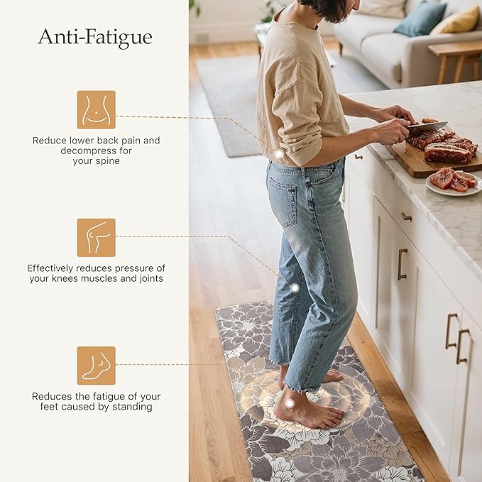 GENIMO Kitchen Mats for Floor, Kitchen Rugs Non Slip Washable Sets of 2, Waterproof Cushioned Anti Fatigue Mat, Floral Runner Rug for Laundry, Sink, Office, Home, 17.3"x47"+17.3"x30", Coffee Brown