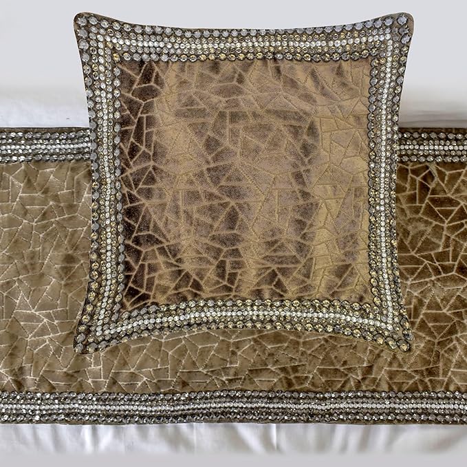 The HomeCentric King/Queen/Twin Brown Decorative Bed Runner CA King 86"x18" Bed Runner with One Pillow Cover, Border, Crystal, Cut Velvet, Mosiac Pattern Bed Scarf on Velvet - Velvet Fusion
