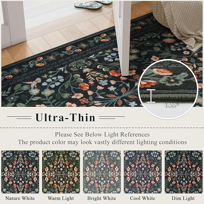 Lahome 9x12 Rugs for Living Room, Non-Slip Stain Resistant Dining Room Rug Washable Untra-Thin Soft Large Carpet, Vintage Botanical Print Low-Pile Carpet for Bedroom Office, Black