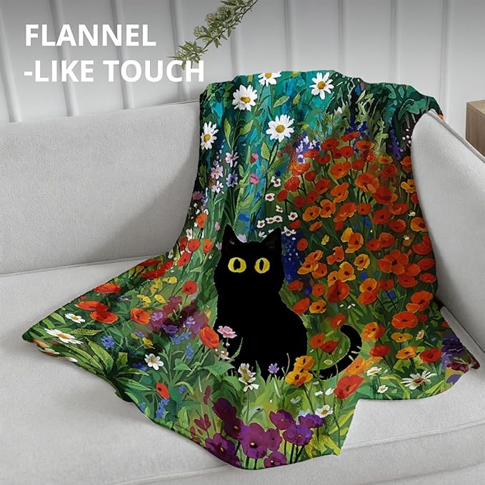 Black Cat Floral Blanket, Cottagecore Colorful Wildflower Cats Throw Blankets for Home Bedroom Living Room Couch Bed Decor, Black Cat Mom Lovers Gifts for Women, 50x60 Inch