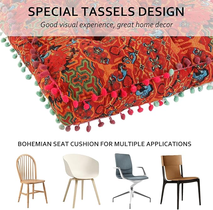 Bohemian Seat Cushion，Indoor & Outdoor 16.5" x 16.5" Seating Cushion for Dinning Chairs, Decorative with Tassels(2Pcs, Orange)
