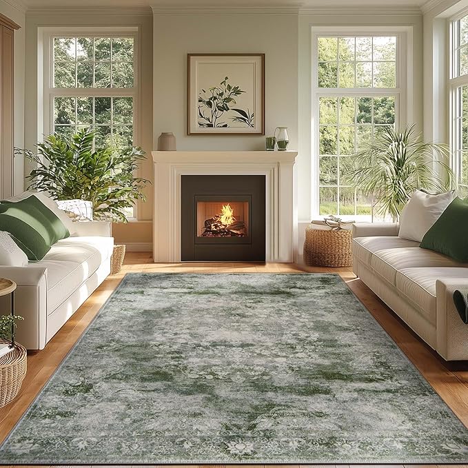 jinchan Washable Area Rug 8x10 for Living Room - Soft Faux Wool Ultra-Thin Stain Resistant Non-Slip Distressed Vintage Floral Large Christmas Carpet for Bedroom Home Office, Nursery(Green, 8'x10')