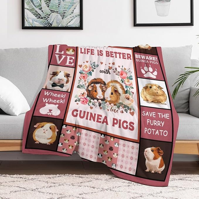 Guinea Pig Blanket Cute Pink Guinea Pigs Print Throw Blankets for Couch Sofa Bed Stuff Decor Lightweight Soft Cozy Fleece Plush Warm Flannel Bedding Gifts for Baby Girls Boys Kids Women Adults 60"x80"