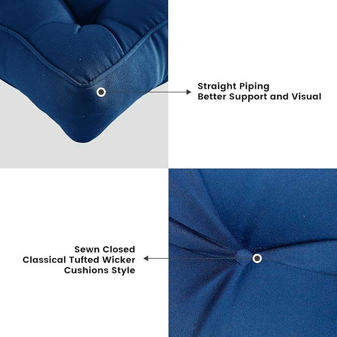 ARTPLAN Outdoor Seat Cushion,Square Thick Tufted Pure Chair Cushion for Patio Wicker Chair with Tie,Set of 2,19"x19"x5"，Classic Blue