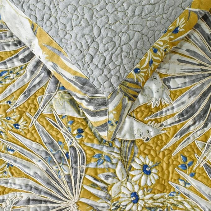 The HomeCentric King/Queen/Twin Grey & Yellow Decorative Twin 53"x18" Bed Runner with Pillow Cover, Cockatoo Bird & Quilted Bed Scarf on Cotton Fabric - Cockatoo Love