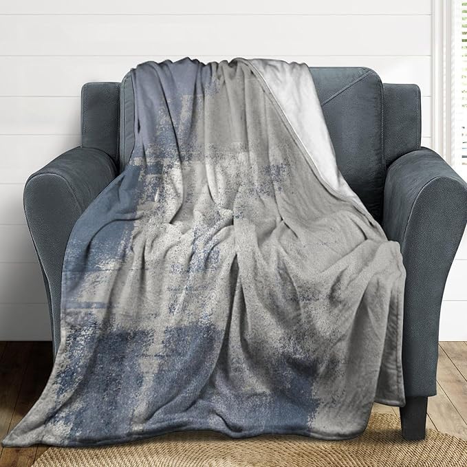 Abstract Gradient Blanket, Modern Fashion Art Blue Grey Painting Strokes Pattern Soft Warm Cozy Plush Flannel Covers for Livingroom Bedroom Couch Chair Camping Travel Home Decor Tapestry 50x60in