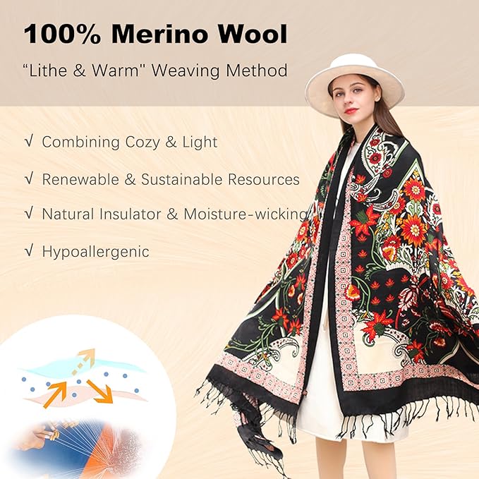 DANA XU 100% Merino Wool Pashmina Shawl for Women 96"x43", Oversized Cashmere Wrap with Tassels, Floral Travel Blanket Cape