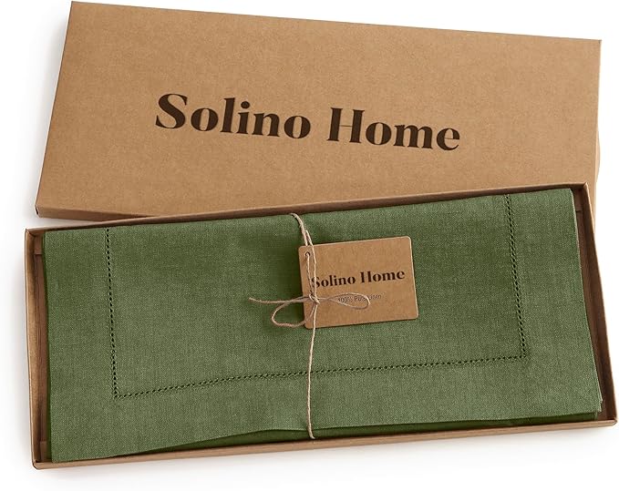 Solino Home Linen Table Runner 48 Inches - 100% Pure Linen Olive Hemstitch Table Runner 14 x 48 Inch Ideal for Dresser and Coffee Tables - Classic Hemstitch - Christmas, New Year