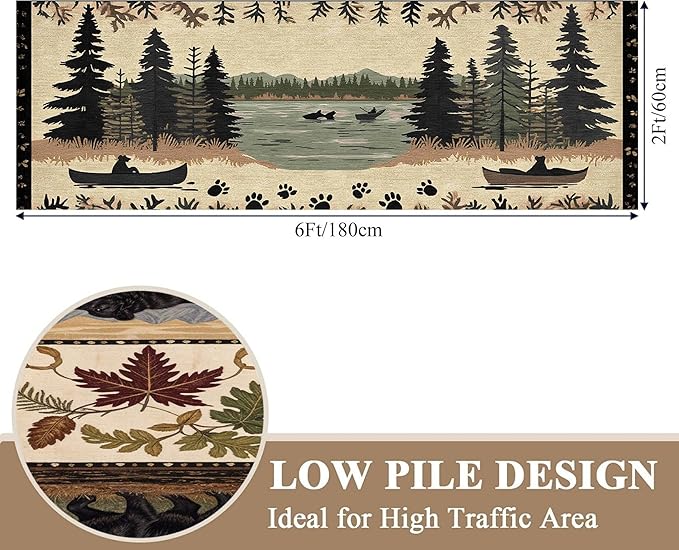 Vintage Bear Claw Fishing Boat Rug 2x4ft Elk Pine Forest Bohemian Carpet, Non-Slip Nursery Rug with Washable Surface, Brown Retro Floor Mat for Cabin Decor