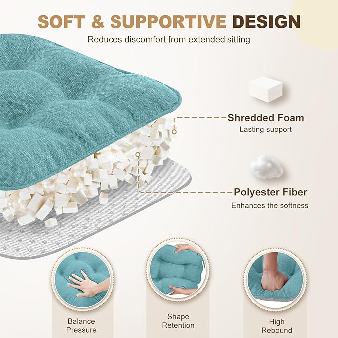 downluxe Indoor Chair Cushions for Dining Chairs, Tufted Overstuffed Textured Foam Kitchen Chair Pads with Ties and Non-Slip Backing, 15.5" x 15.5" x 4", Aqua Blue, 4 Pack