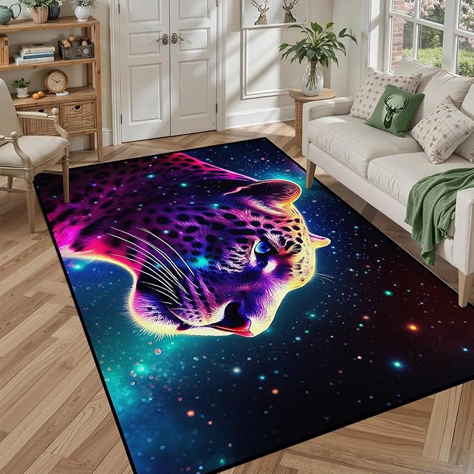 5' X 7' Galaxy Leopard Rug Fierce Panther Head Area Rugs for Boys Kids Bedroom Living Room Gameroom Girls Glitter Carpet Floor Mat Throw Rugs