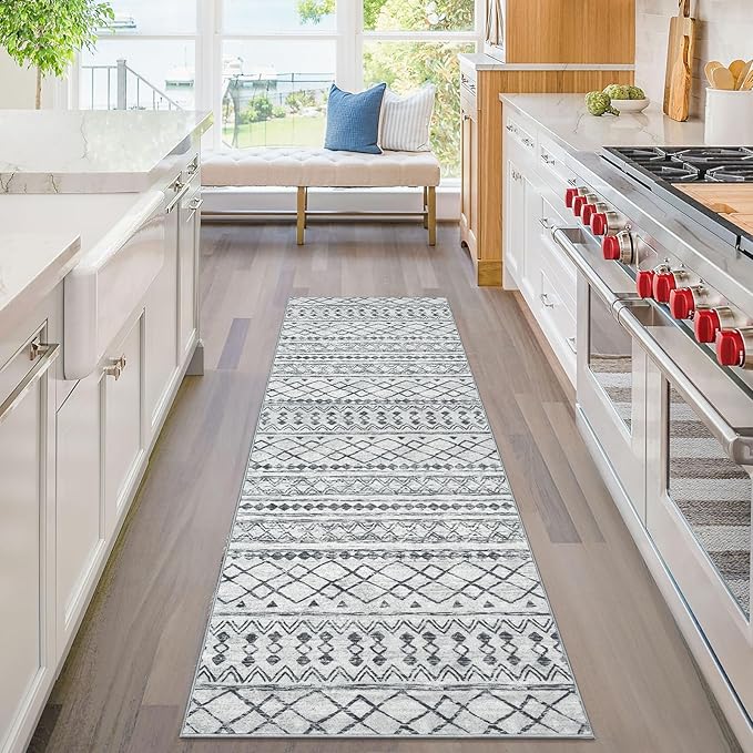 KUTA 2x6 Non-Slip Washable Runners for Hallways, Grey Moroccan Boho Distressed Geometric Vintage Kitchen Runner Rug, Ultra Soft Floor Mat for Entryway, Bathroom, Laundry, Living Room, Bedroom