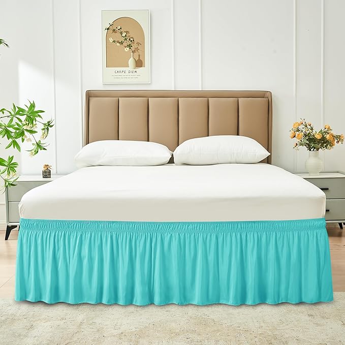 Biscaynebay Wrap Around Bed Skirts for Twin & Twin XL Beds 15" Drop, Aqua Adjustable Elastic Dust Ruffles Easy Fit Wrinkle & Fade Resistant Silky Luxurious Fabric Machine Washable