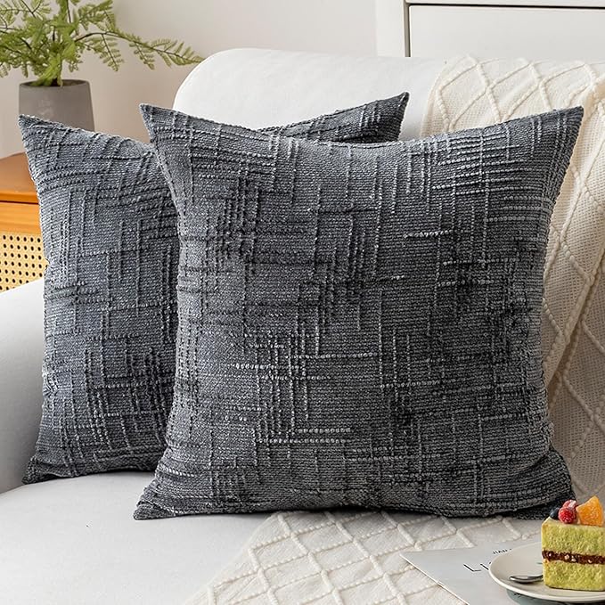 Decorative Throw Pillow Covers 18x18 Inch Set of 4, Soft Solid Farmhouse Chenille Couch Pillows, Spring Pillow Covers for Couch Sofa Bed Living Room Home Decor Pillowcase, Dark Gray