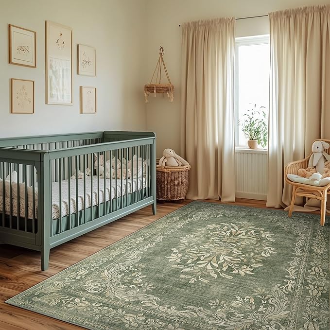 jinchan Green Floral 5x7 Area Rugs for Living Room - Machine Washable Distressed Vintage Design Soft Low-Pile Non-Slip Christmas Carpet for Dining Room Bedroom Home Office Nursery (5x7ft, Dark Green)
