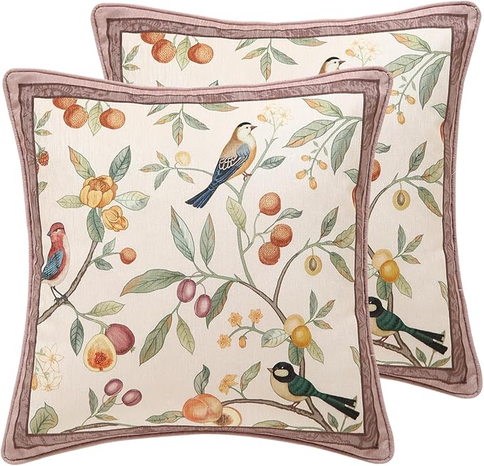 Square Pink Farmhouse Throw Pillow Covers Pack of 2,Birds and Flowers Pattern Cozy Velvet Pillowcases,Decoration Pillows Cushion Covers for Couch Sofa Bed Car Chair,18"x18"
