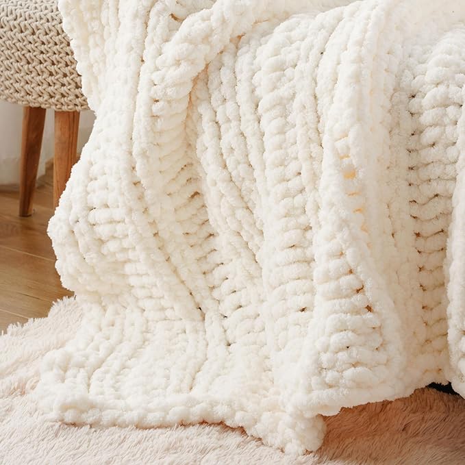 Battilo Cream Chunky Knit Throw Blanket for Couch, Super Soft Chenille Throw Blanket Cozy Warm Thick Ivory White Cable Knitted Blanket for Sofa, Bed, Living Room, 50"x60"